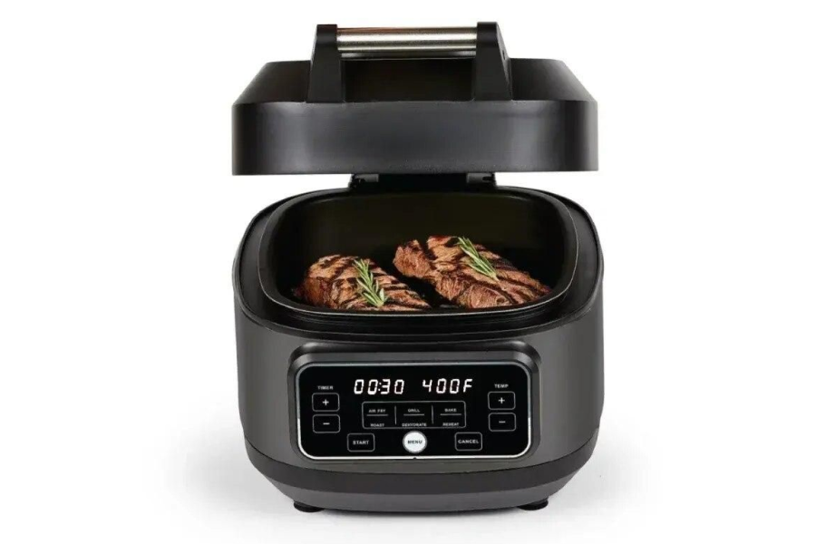 Compact indoor grilling and air frying appliance